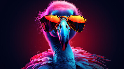 Close up of a head of a flamingo with sunglasses isolated on neon black mix background 