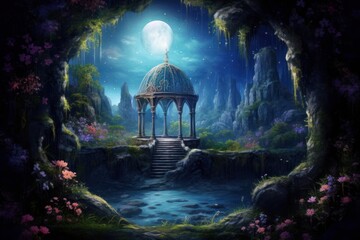 Obraz premium Enchanted Garden. A gazebo overgrown with flowers, a waterfall and a night sky with a full moon. Landscape of fairies and elves. Post-processed digital, Generative AI 