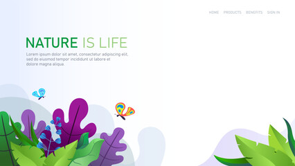 website interface design with the concept of nature and plants, leaves and flowers. natural feel website