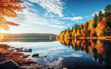 A scenic landscape with a tranquil lake surrounded by trees in their fall colors, capturing the reflective and peaceful ambiance that autumn brings to natural settings