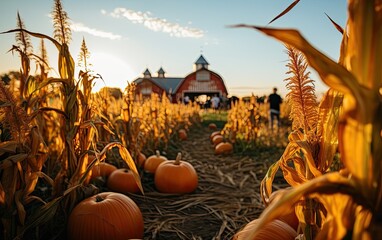 Pumpkin patch farm with a farmhouse, pumpkins, and corn maze