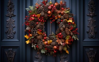 Thanksgiving wreath made of autumn leaves, pinecones, and berries hanging on a front door, creating a welcoming and festive background