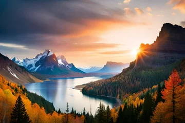 Fotobehang sunrise in the mountains with lake © Bhatti arts