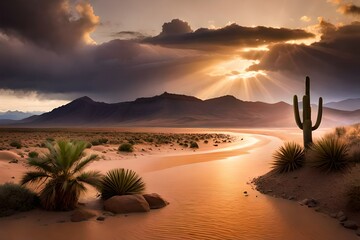 a worth view of sunset in the desert with stream - obrazy, fototapety, plakaty