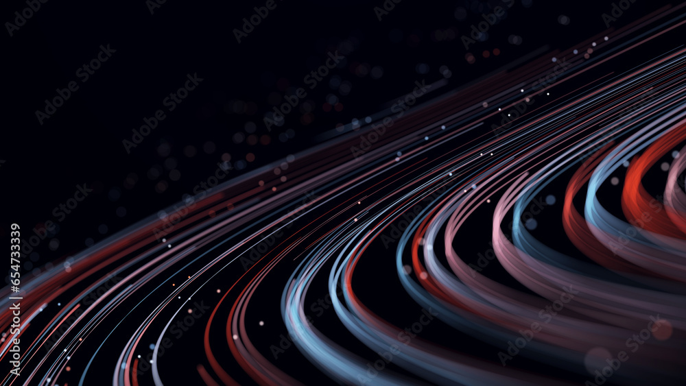 Poster abstract glitter particles in dark space. network data transfer concept. 3d rendering.