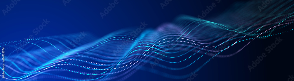 Poster futuristic pattern of dots smoothly moving in a wave. abstract technology web banner. background 3d 