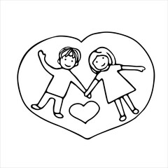A boy and a girl are holding hands in their hearts. Vector black and white hand-drawn doodles. Template design, icon, clipart, sketch. February 14. valentine's day.
