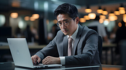 An Asian office worker working on his laptop, deep in thought and serious, AI-generated image