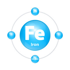 Iron (Fe) Icon structure chemical element round shape circle light blue with surround ring. Period number shows of energy levels of electron. Study science for education. 3D Illustration vector.
