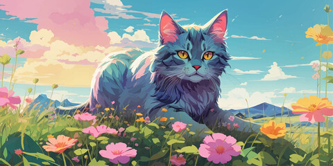 Cat a beautiful meadow in summer - obrazy, fototapety, plakaty
