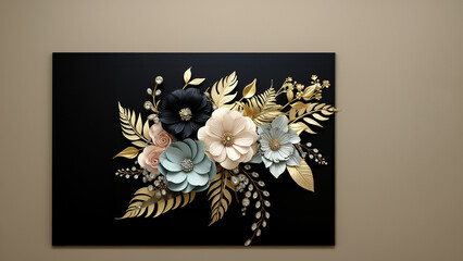Wandbild mit schönen 3d Blumen im Querformat, ai generativ