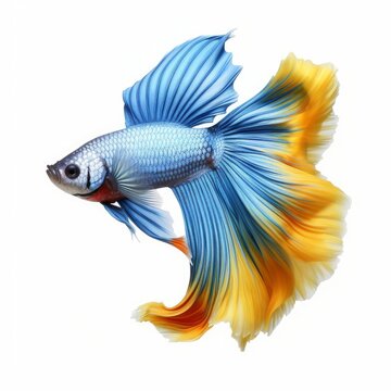 Yellow blue betta fish isolated on white background cutout, Generative AI 