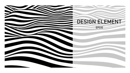 Black and white abstract wave with distortion effect. Optical illusion. Twisted vector illustration.