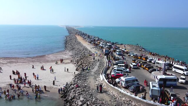 Tip of Dhanushkodi top view from above.The end point of the Indian mainland, is popular for viewing ocean sunsets, Dhanushkodi, Tamilnadu, India.