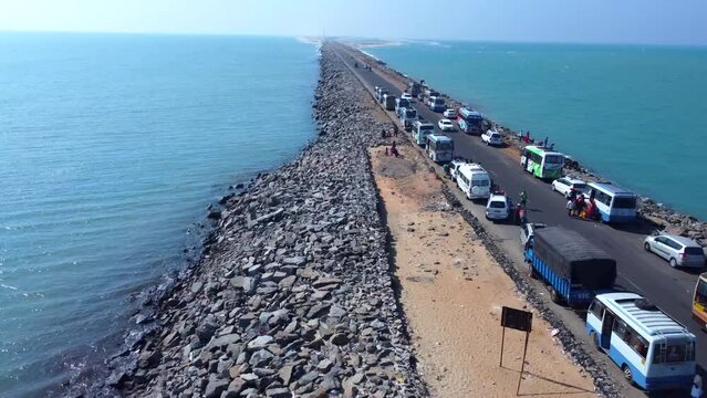 Tip of Dhanushkodi top view from above.The end point of the Indian mainland, is popular for viewing ocean sunsets, Dhanushkodi, Tamilnadu, India.