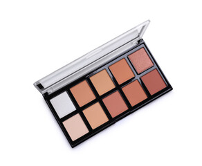 Colorful contouring palette on white background, top view. Professional cosmetic product