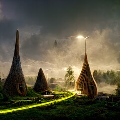 druidic town futuristic Natural design bio illuminance volumetric lighting Realistic hyper detailed hyper realistic photo realistic realistic 3d render 