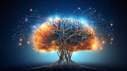 Artificial Tree and a Brain Covered by Electrical Wiring Circuits