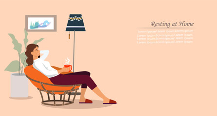 Young woman relaxing in comfortable soft round chair with coffee or tea cup in hands. Woman enjoying weekend relax at home.  illustration - obrazy, fototapety, plakaty
