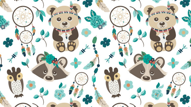 Children's seamless pattern in boho style. Bear, raccoon, owl, dream catcher. Vector illustration