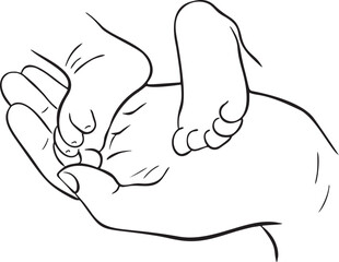 Hand drawn black and white vector line drawing of baby legs on father's hand. Engraving style. Line ink style