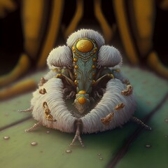 a caterpillar king in a throne room with two armored wasp warriors 
