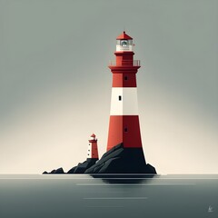a red and white lighthouse calming minimalist lighthouse is off to one side of the picture 