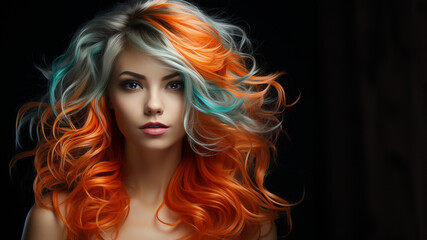 Hübsche Frau mit gefärbten und gelockten bunten Haar mit modernster Frisur und edlen Visagistik Make up als Poster Nahaufnahme, ai generativ