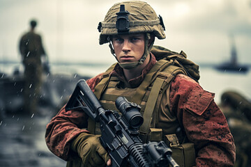 Naklejka premium Fully equipped army soldier on a high-stakes mission, amidst the chaos and challenges of the battlefield. Ai generated