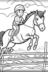 Coloring page for kids simple cartoon style Horse Show jumping 