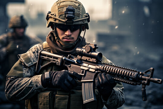 Fully equipped army soldier on a high-stakes mission, amidst the chaos and challenges of the battlefield. Ai generated