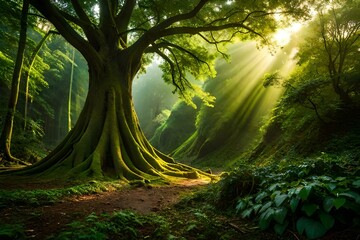 sun rays in the forest - obrazy, fototapety, plakaty