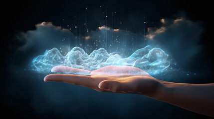 Hand holding translucent clouds representing digital cloud computing