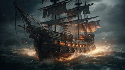 A Pirate Ship Battles Amidst the Stormy Seas - obrazy, fototapety, plakaty