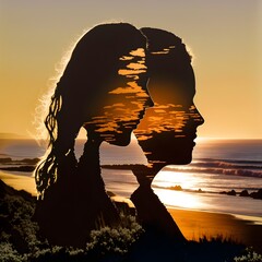 a silhoutte radiant profile of two beautiful women kissing on a clear sheet of acrylic with the feeling of a slow walk on a beach at sunset reflecting and refracting the sunlight in Torrey Pines San 