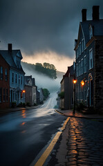 Fototapeta premium Blue Ridge Reflections: Evening Mist Over Harpers Ferry Waterscape