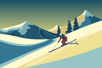 Skier descending snowy mountain slope poster adventure nature outdoor vector  - obrazy, fototapety, plakaty