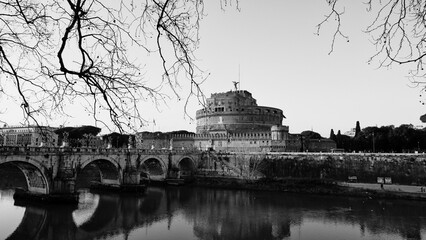 Fototapeta na wymiar Saint Angel Castle and bridge over the Tiber river in Rome at sunny day