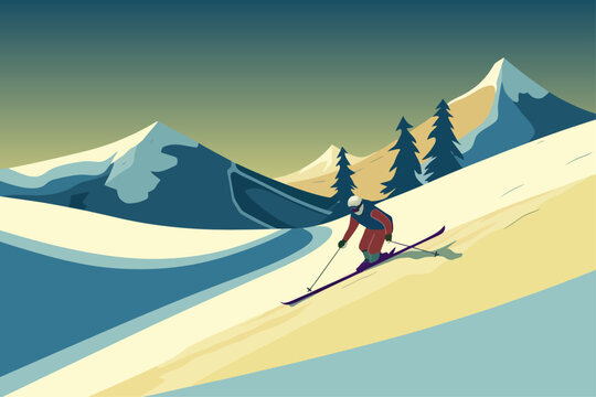 Skier descending snowy mountain slope poster adventure nature outdoor vector 