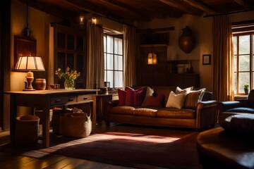 Fototapeta premium A Photograph capturing the warmth and cozy ambiance of a farmhouse interior, bathed in soft golden light, showcasing rustic textures and inviting furniture.