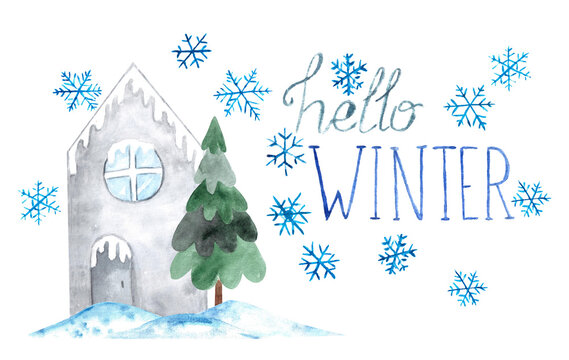 Watercolor hand drawn grey cute cozy house with icy roof and windows with icicles and green christmas spruce fir trees in snowdrifts as new year card.Hello winter handwritten phrase