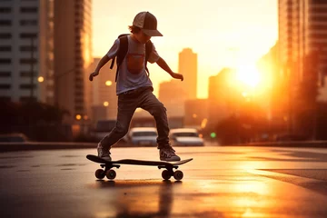 Schilderijen op glas Kid gracefully glides on a skateboard beneath the warm hues of a breathtaking sunset. Ai generated © twindesigner