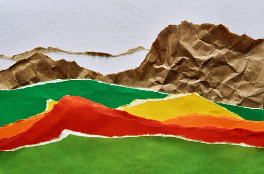 Artistic collage with torn deckled paper edges. Mute colored fields and floral meadows with textured copyspace. Analog aesthetic art technique
