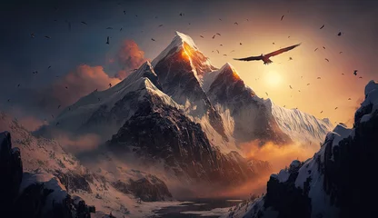 Papier Peint photo autocollant Everest Sunset Soar: Hyper-Detailed Birds Glide over Mount Everest