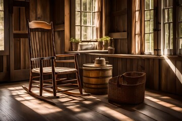 A Photograph capturing the rustic charm of a farmhouse: soft natural light filtering through weathered wooden boards.