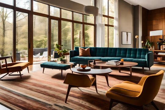 A Photograph depicting an interior with a Mid-Century Modern style. Warm, earthy tones create a cozy atmosphere. 