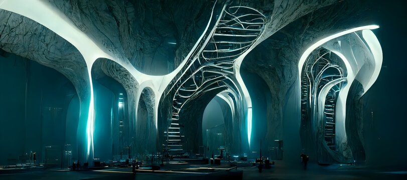 tronlegacy architecture cave network with multiple branching passageway archways leading to winding staircases chronicles of riddick architecture ornamental 3Dfractal ultra realistic octane 