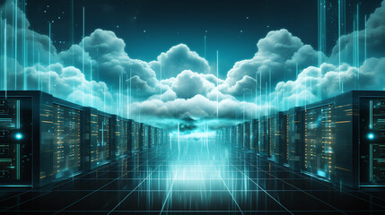 massive data storage surrounded by clouds and lights