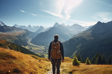 Fototapeta premium Beautiful mountain trail, where a male hiker embarks on an adventurous journey amidst breathtaking mountain landscapes. Ai generated