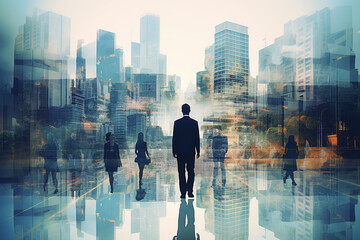 Fototapeta na wymiar Urban Synergy: Business Buildings and People Double Exposure Artistic Background. Ai generated